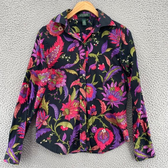 Lauren Ralph Lauren Top Womens Small Petite Black Multi Floral Button Up Collar - Picture 1 of 10